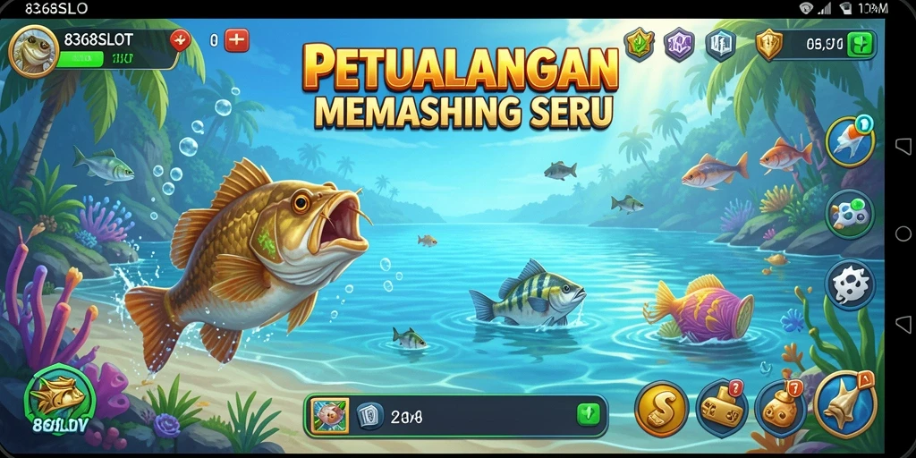 Screenshot gameplay 8368SLOT menampilkan aksi memancing yang seru di lautan.