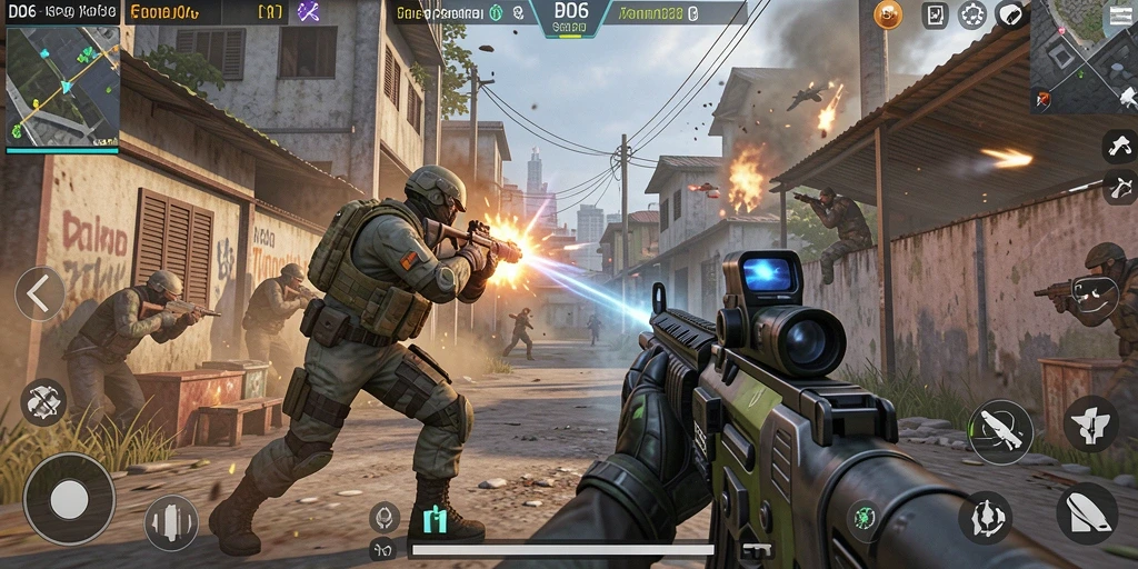 Tampilan gameplay D06 yang seru dan menegangkan dalam pertempuran FPS.