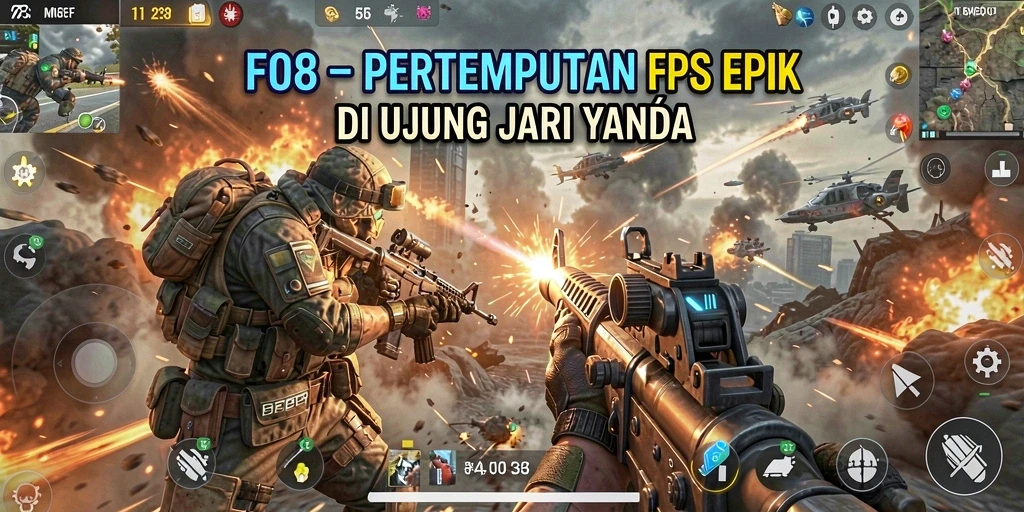 Screenshot F08 menampilkan aksi intens dalam pertempuran FPS.