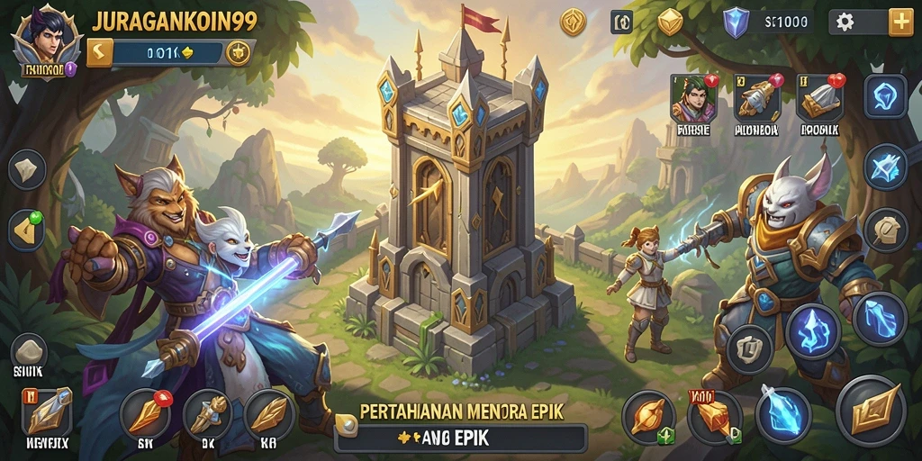 Gameplay seru JURAGANKOIN99 dalam pertahanan menara.