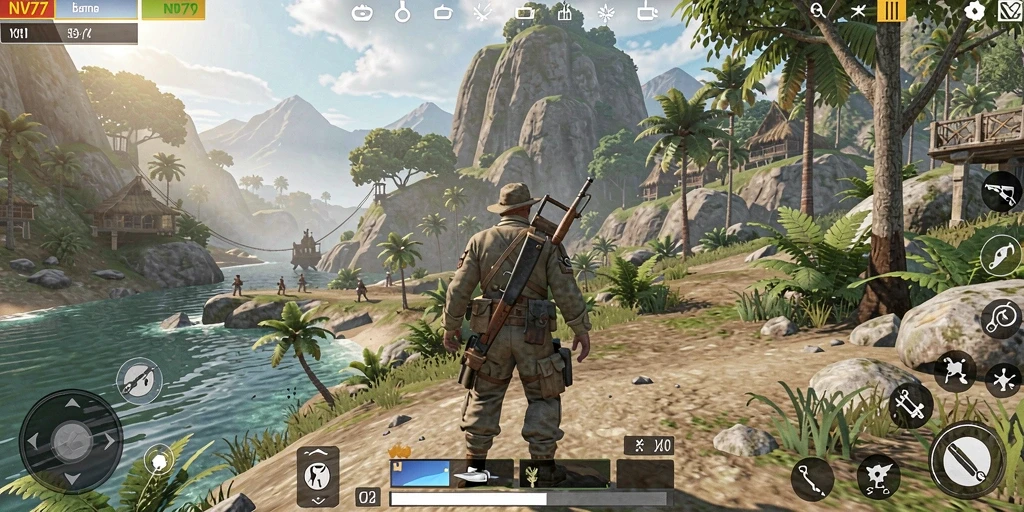 Tangkapan layar gameplay NV77 menampilkan eksplorasi dunia terbuka yang menakjubkan.
