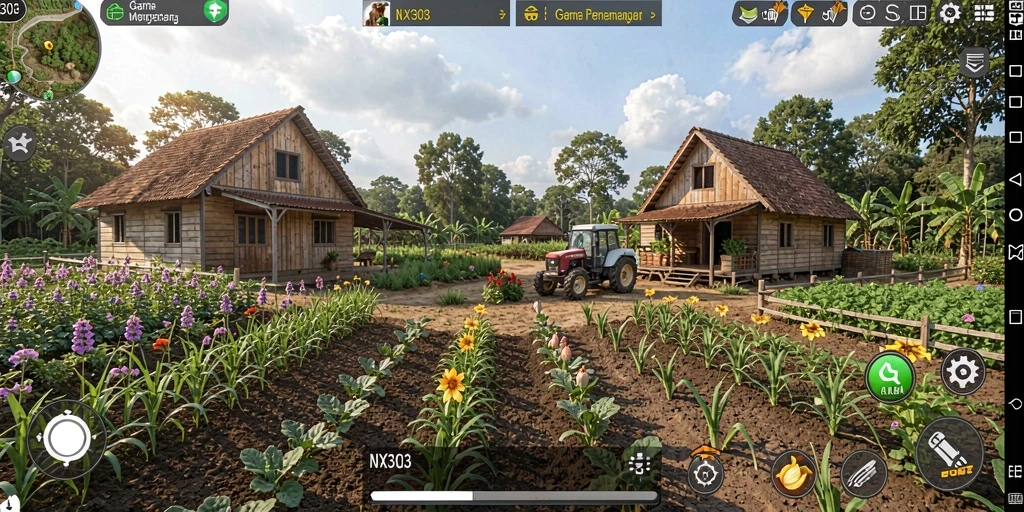 Tampilan gameplay NX303 menunjukkan keseruan bertani yang penuh warna.