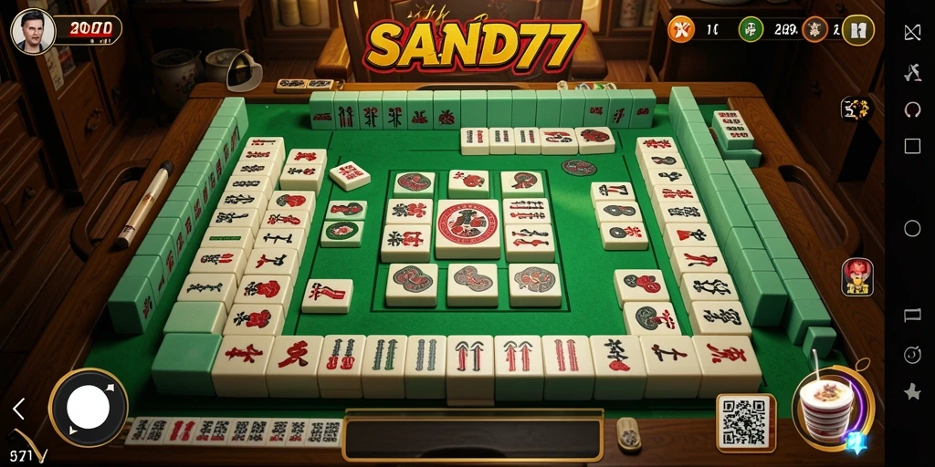 Tampilan gameplay SAND77 yang menarik dengan ubin Mahjong berwarna-warni.