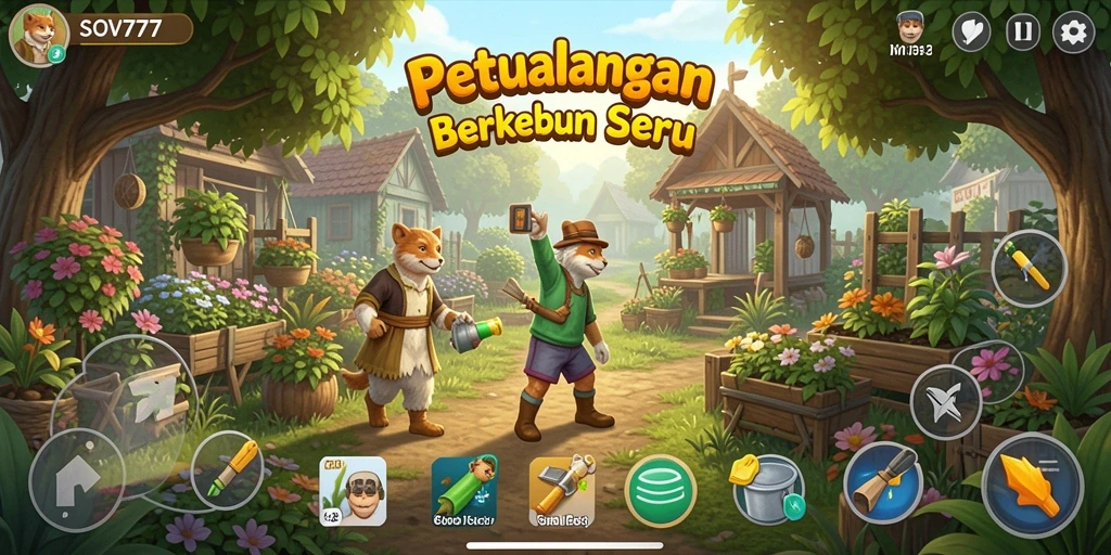 Screenshot gameplay SOV777 menampilkan kebun yang hijau dan aktivitas bercocok tanam.